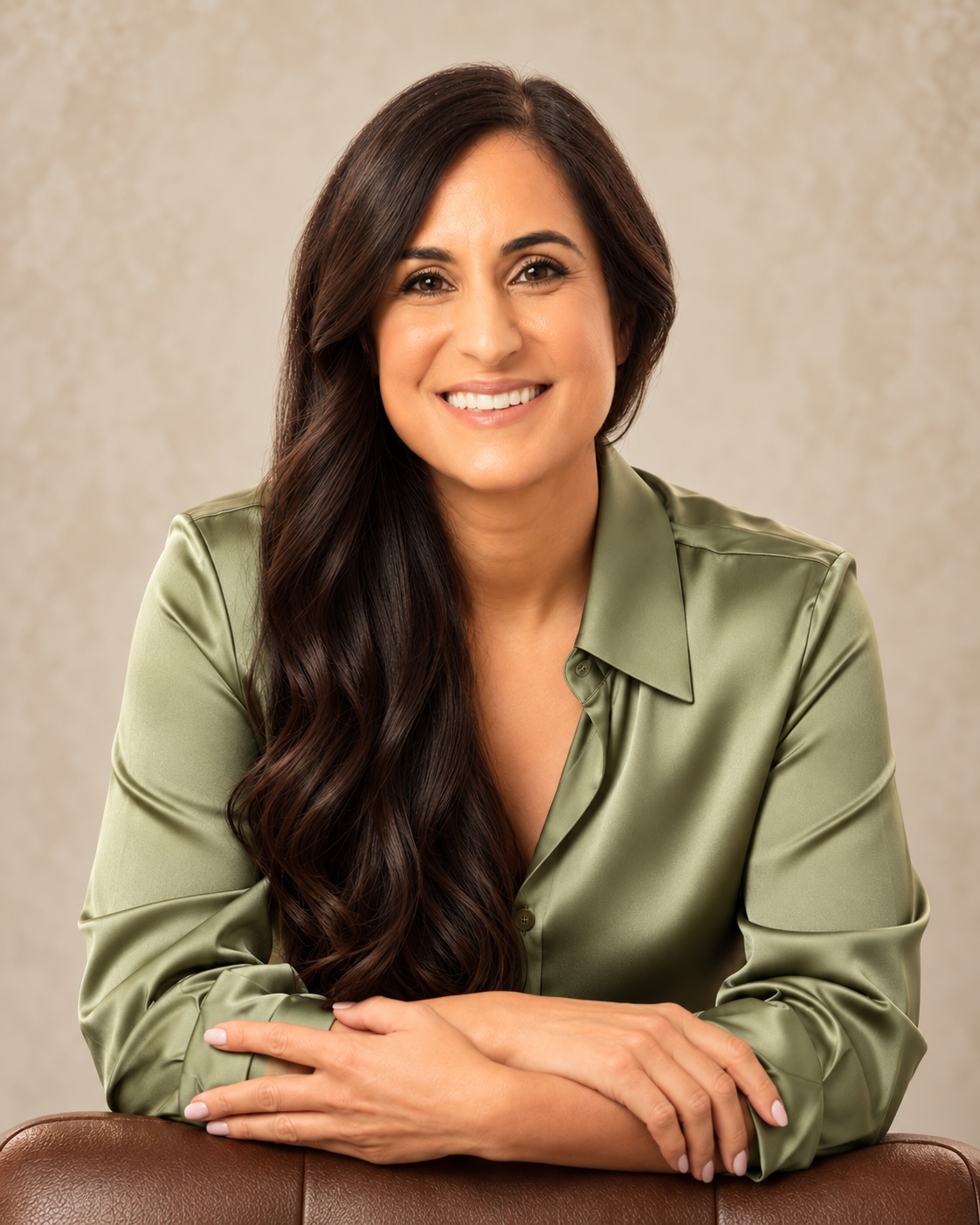 Dr. Remina Panjwani in a sage green blouse, smiling, arms crossed on the back of a chair