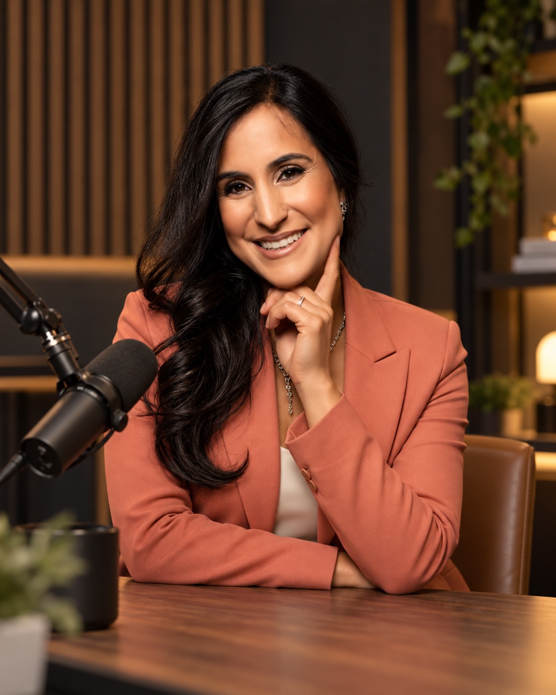 Dr. Remina Panjwani seated at a podcast desk, one hand resting below her chin, a microphone in front of her